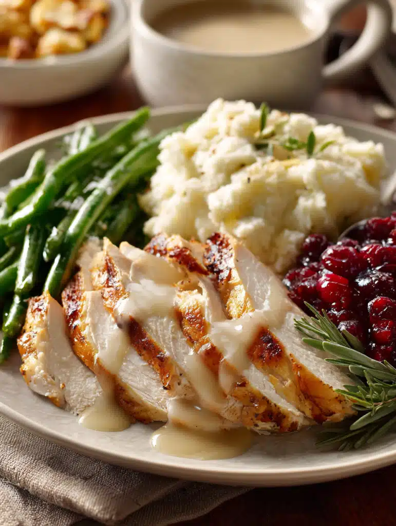 Roast turkey slices served with gravy and herbs