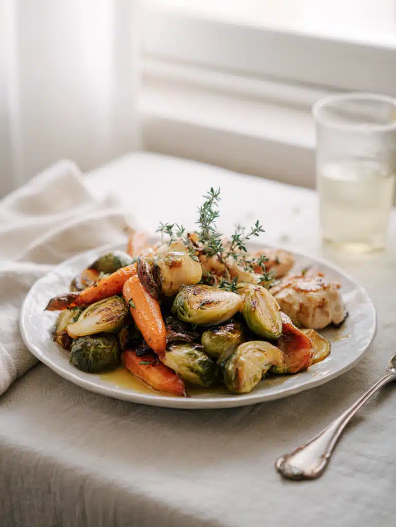 Served roasted Brussels sprouts and carrots with honey drizzle
