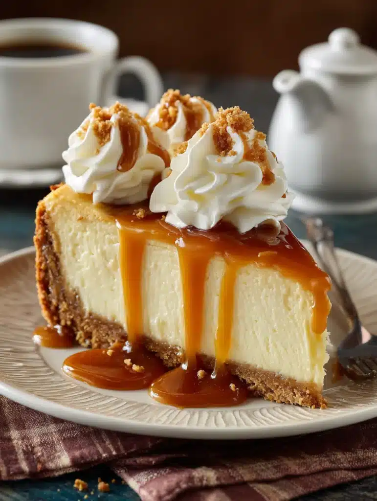 Slice of No-Bake Apple Pie Cheesecake with caramel drizzle