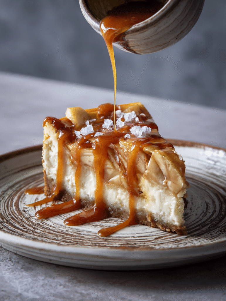 Slice of Salted Caramel Apple Pie Cheesecake on plate