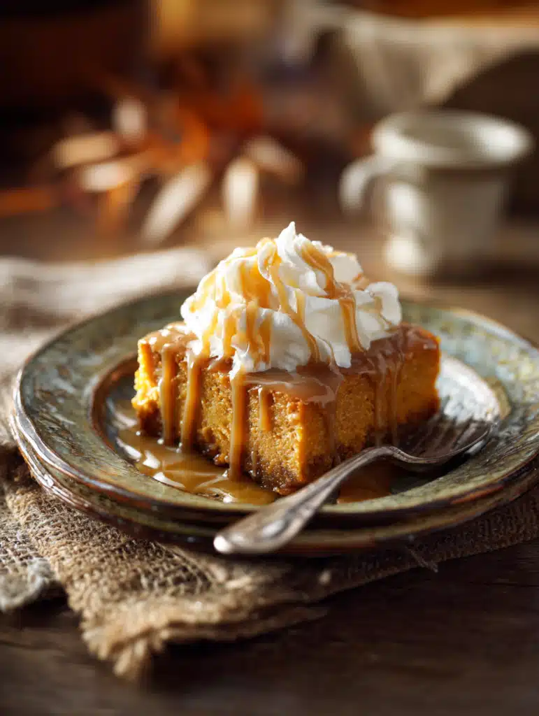 Served Sweet Potato Casserole with caramel drizzle and whipped cream
