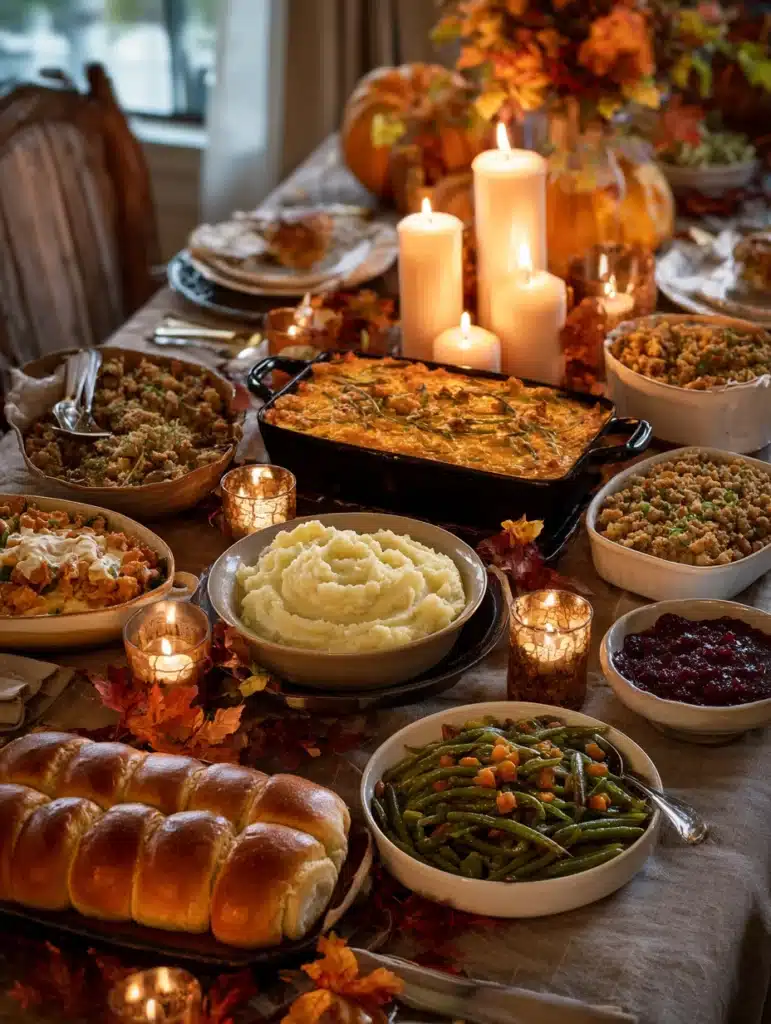 serving Thanksgiving side dishes around a festive table