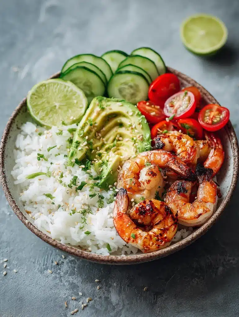Served Shrimp Avocado Rice Bowl with lime wedge