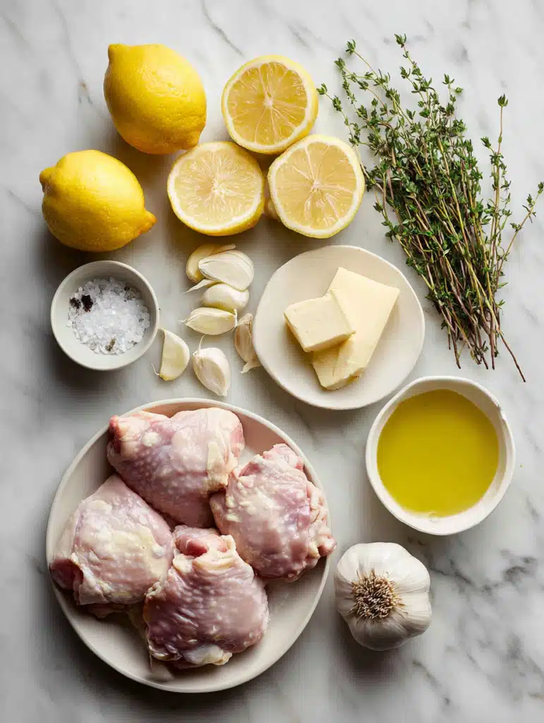 Ingredients for Slow Cooker Lemon Garlic Chicken on marble surface.