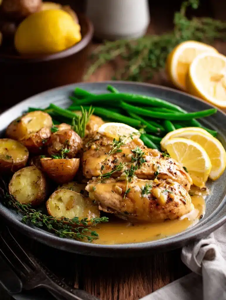 Plated Slow Cooker Lemon Garlic Chicken with herbs and lemon.