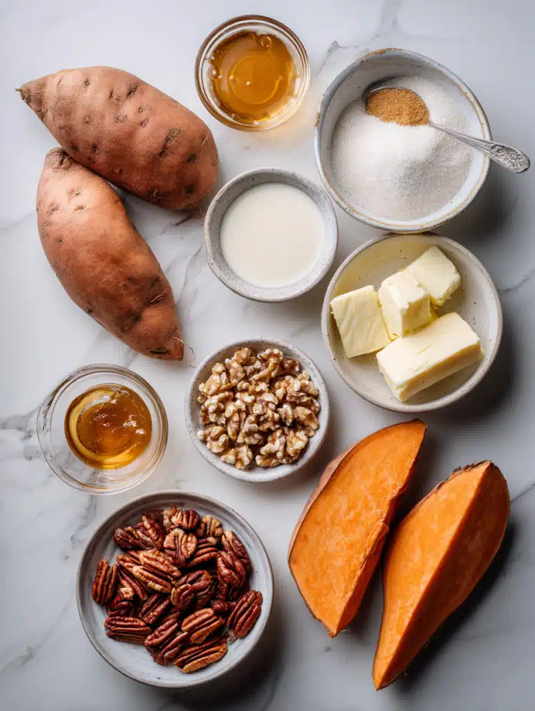 Sweet Potato Casserole with Caramel Drizzle ingredients flat lay