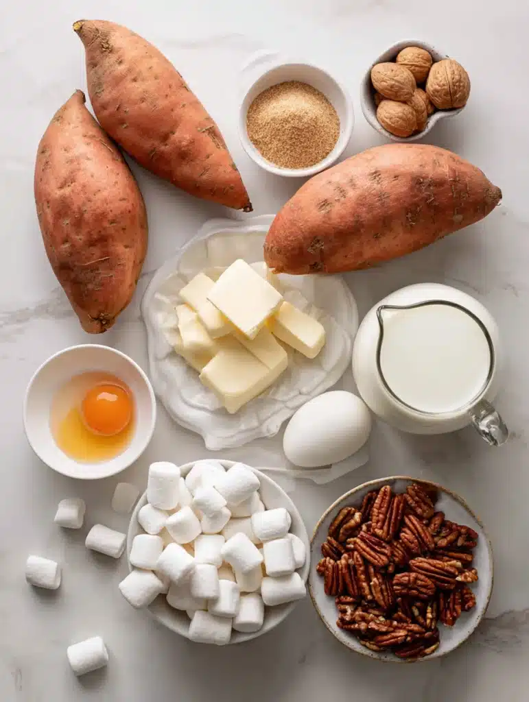 Ingredients for classic sweet potato casserole with marshmallows