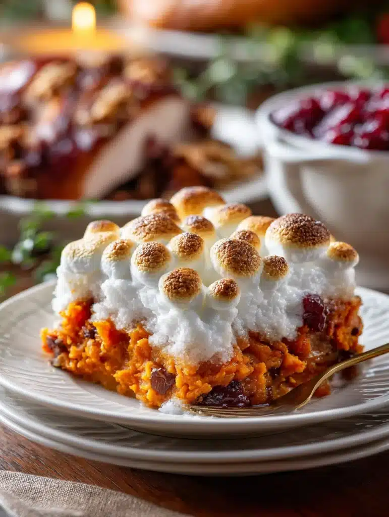 Serving classic sweet potato casserole with marshmallows for Thanksgiving dinner