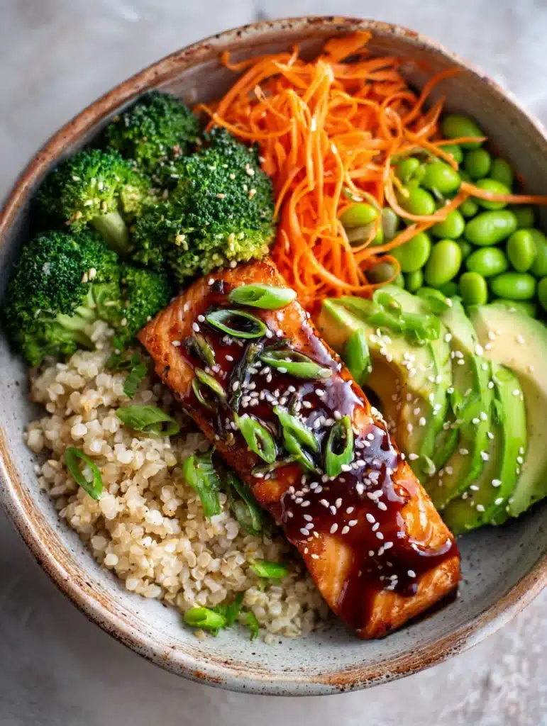 Teriyaki salmon brown rice bowl served with chopsticks and lime