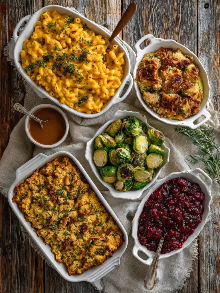 Flat lay collage of classic Thanksgiving side dishes