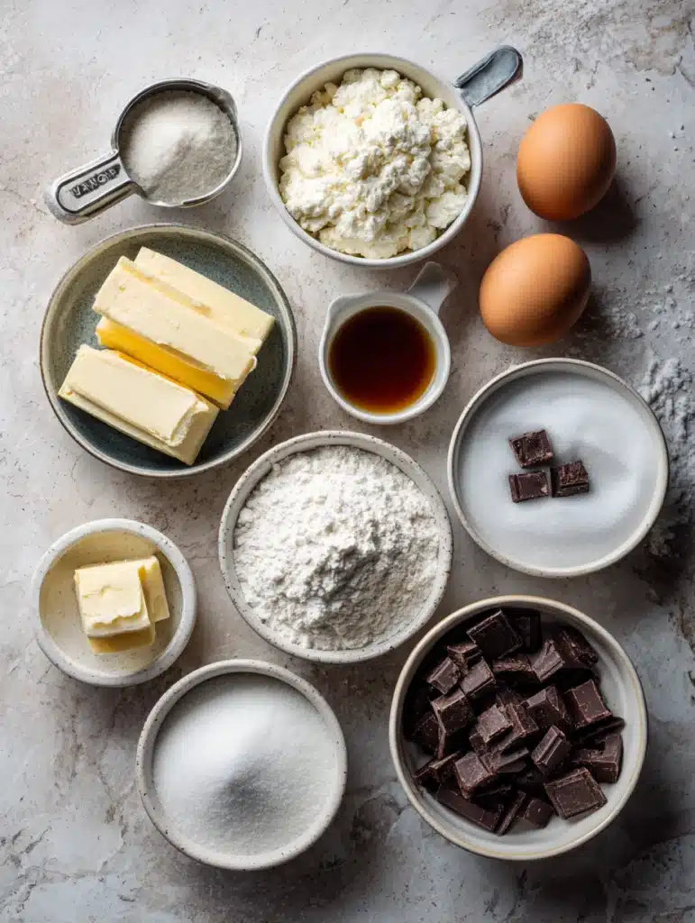 Ingredients to make Chocolate Chip Gooey Butter Cookies arranged neatly in a flat lay.