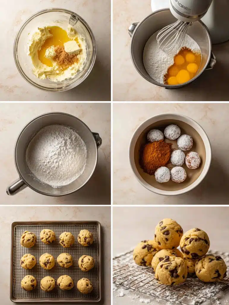 Six-step guide showing how to make Chocolate Chip Gooey Butter Cookies.