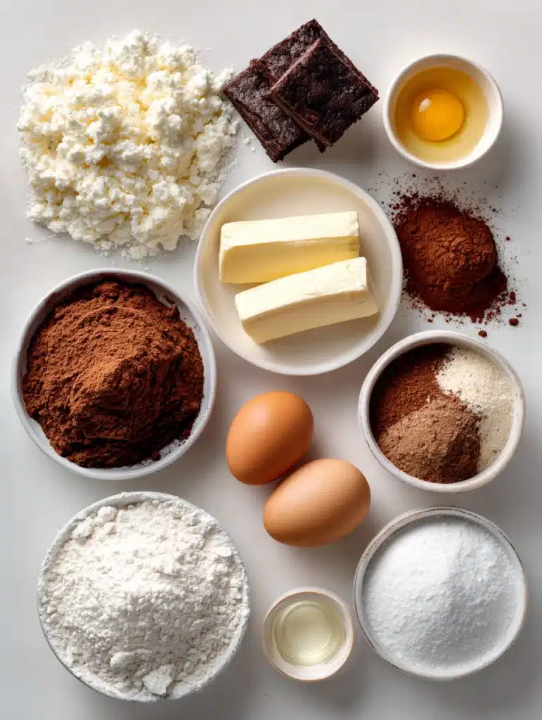 Chocolate Crinkle Gooey Cookies ingredients flat lay