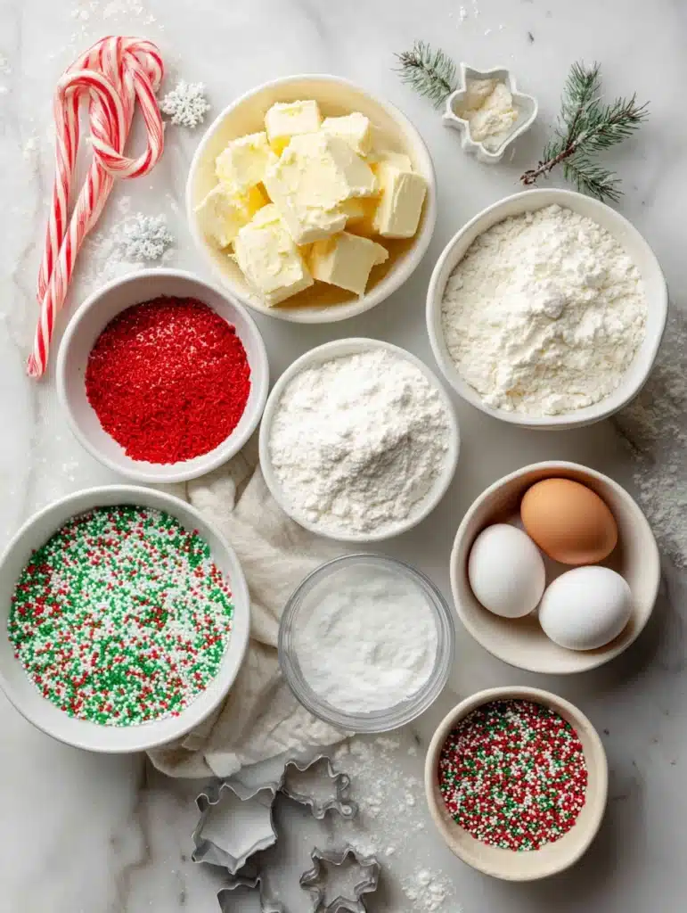 Ingredients for Christmas Gooey Butter Cookies including butter, cream cheese, and red and green sprinkles.