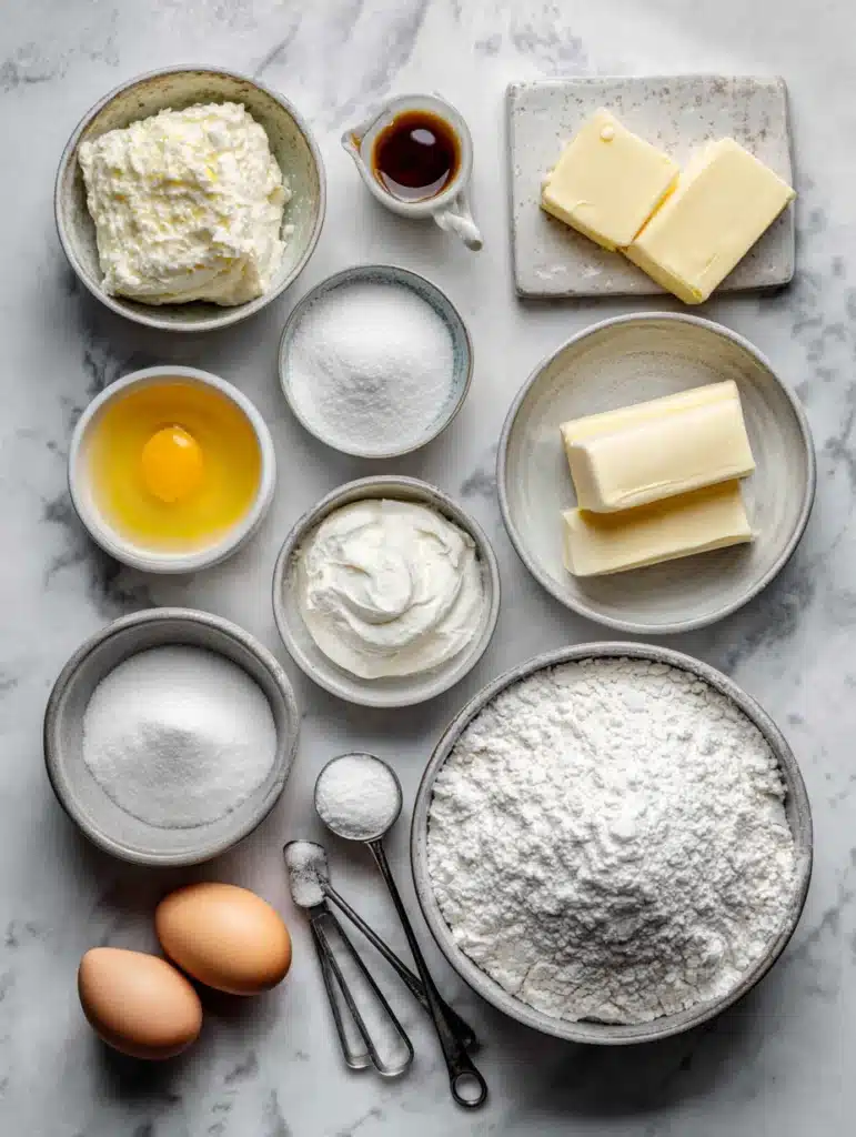 Ingredients for Classic Gooey Butter Cookies with powdered sugar arranged in a flat lay.