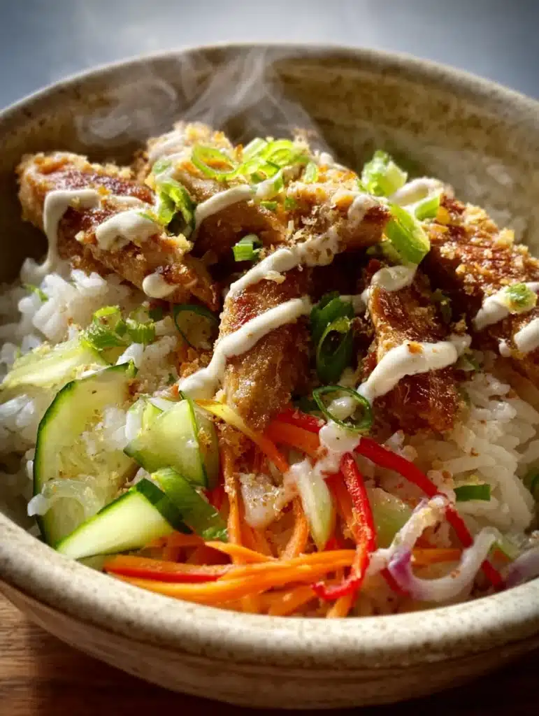 Serving bowl of Coconut Chicken Rice Bowl topped with creamy coconut sauce, vegetables, and jasmine rice — wholesome tropical bowl meal