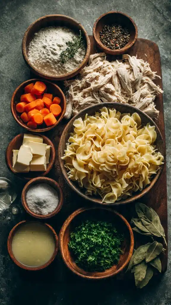 Ingredients for cozy creamy chicken noodle soup arranged neatly