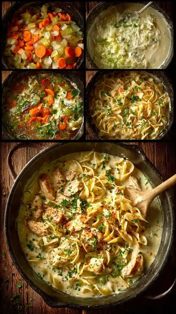 Step-by-step process for making cozy creamy chicken noodle soup