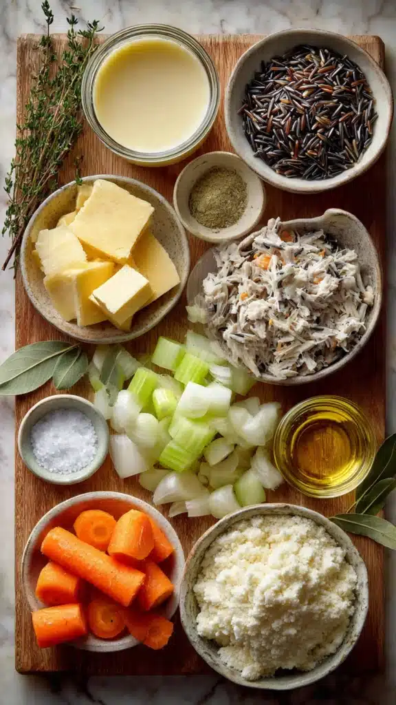 Ingredients for creamy chicken and wild rice soup arranged neatly
