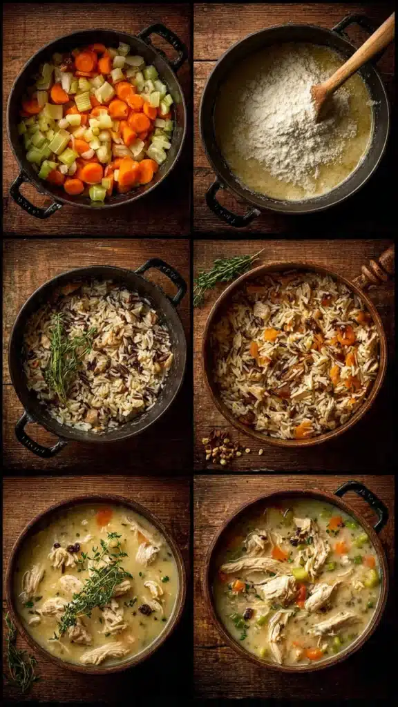 Step-by-step cooking process for creamy chicken and wild rice soup