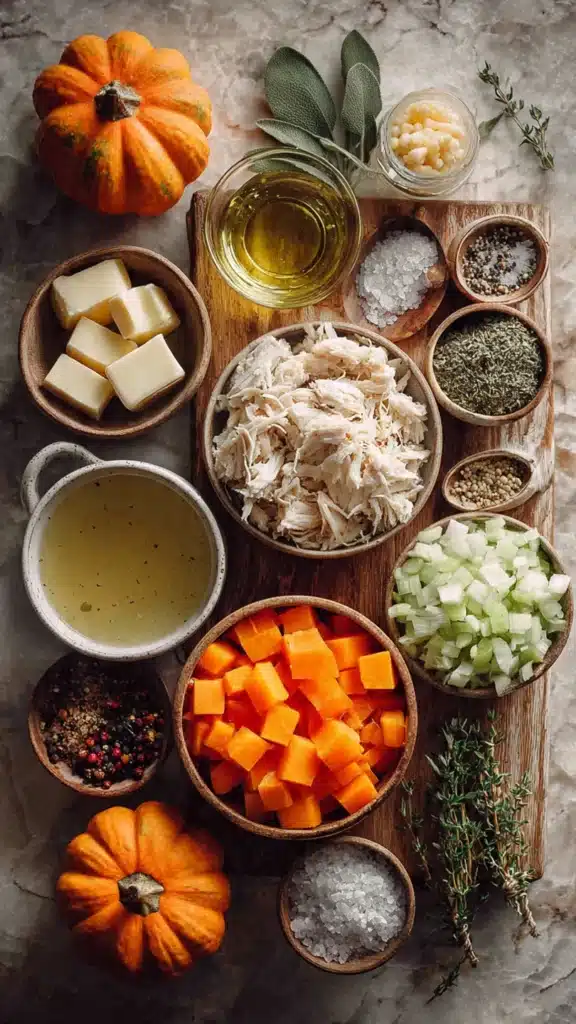 Ingredients for fall harvest butternut squash chicken soup arranged neatly