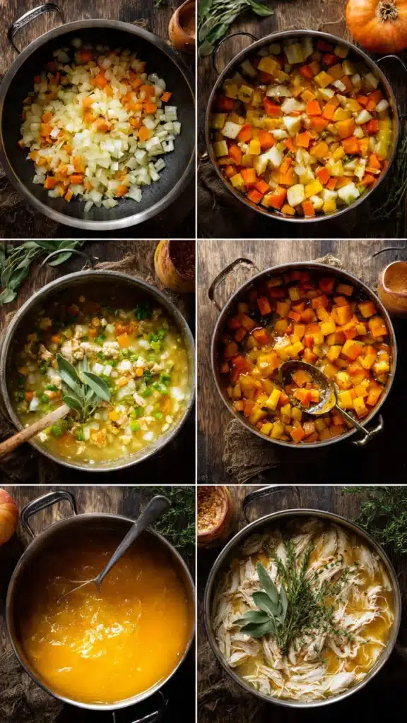 Step-by-step preparation of fall harvest butternut squash chicken soup