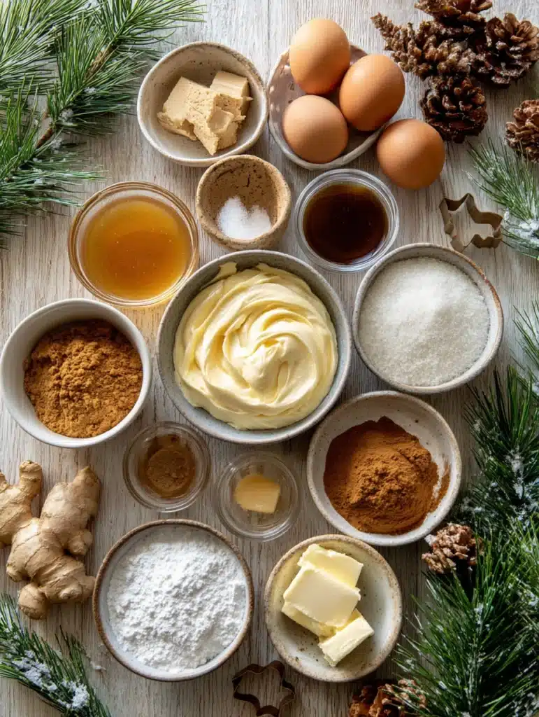 Ingredients for Gingerbread Cheesecake Bars including cream cheese, molasses, and holiday spices.
