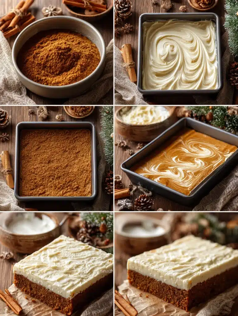 Step-by-step process of making Gingerbread Cheesecake Bars with cream cheese swirl.