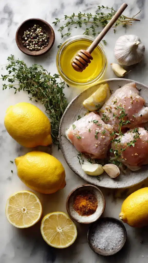 Ingredients for honey lemon baked chicken thighs arranged neatly