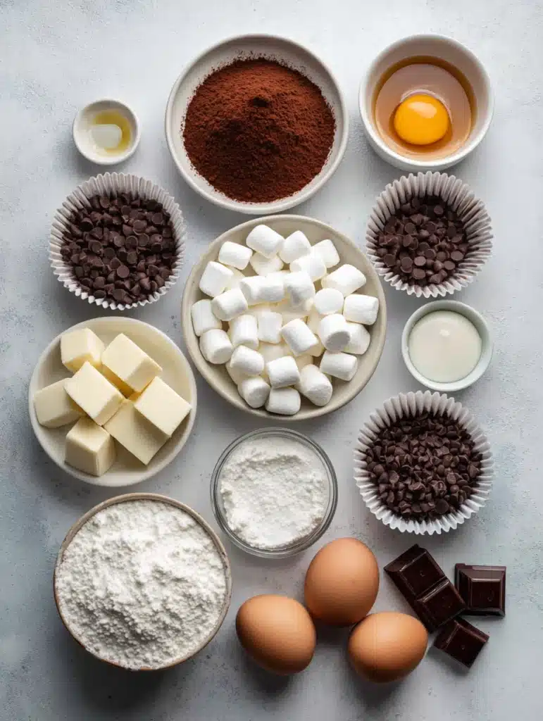 Ingredients for Hot Cocoa Brownie Bites including chocolate, cocoa, and mini marshmallows