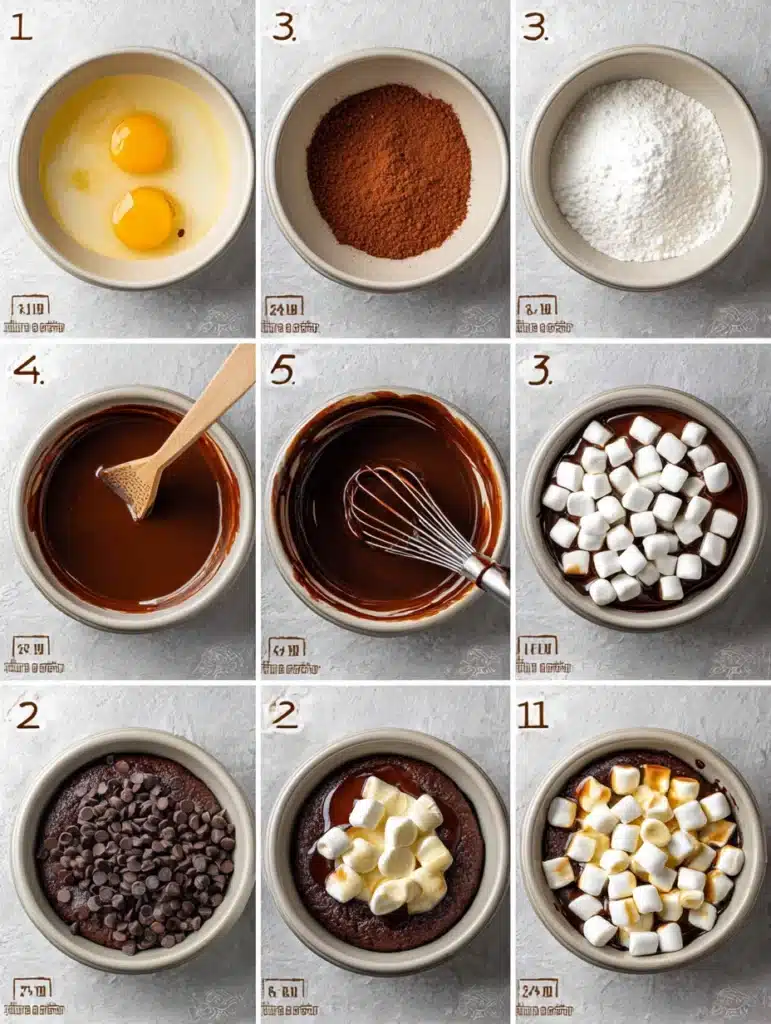 Step-by-step process of making Hot Cocoa Brownie Bites with mini marshmallows