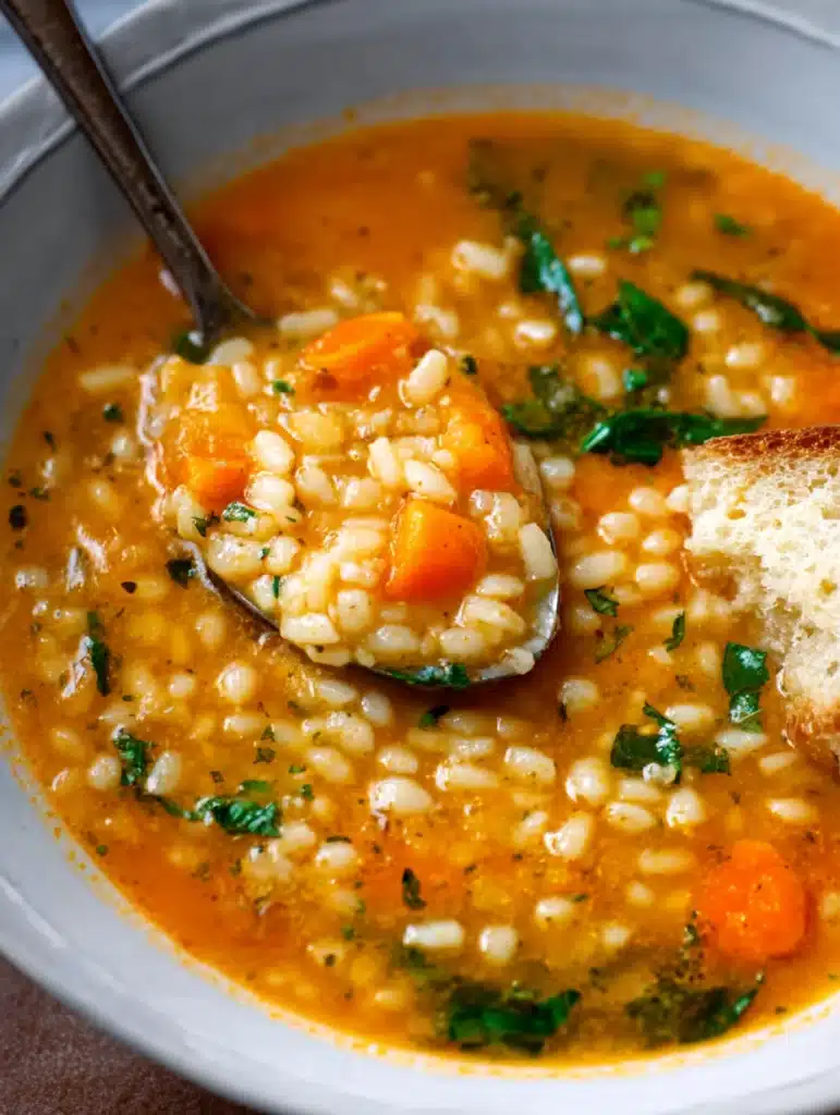 Spoon lifting creamy pastina soup with tiny pasta.
