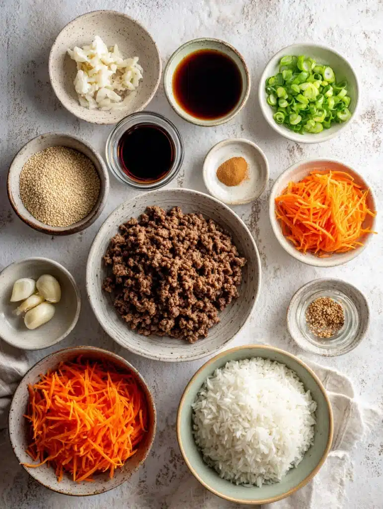 Ingredients for Korean Ground Beef Bowl including beef, soy sauce, garlic, and sesame oil