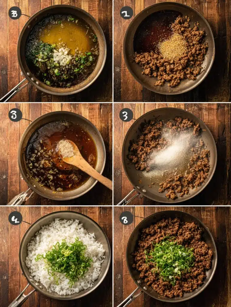 Step-by-step process of making Korean Ground Beef Bowl