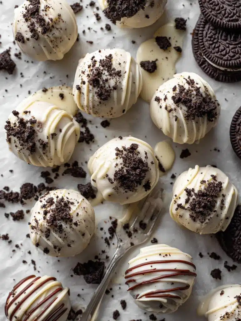 Ingredients for Oreo Truffle Balls including Oreos, cream cheese, and white chocolate