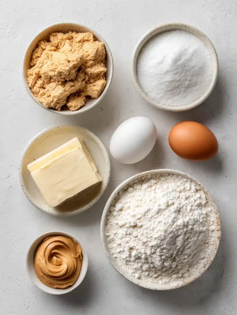 Ingredients for Peanut Butter Gooey Butter Cookies flat lay