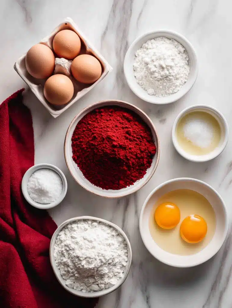 Ingredients for Red Velvet Cake Mix Cookies including cake mix, eggs, oil, and powdered sugar.