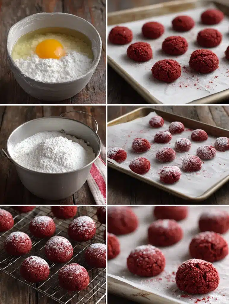 Step-by-step process of making Red Velvet Cake Mix Cookies.