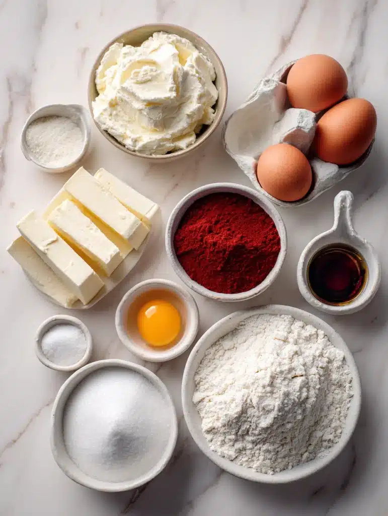 Ingredients needed to make Red Velvet Gooey Butter Cookies arranged in a flat lay.