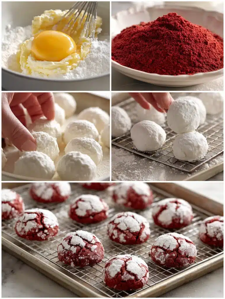 Six-step baking guide for Red Velvet Gooey Butter Cookies.