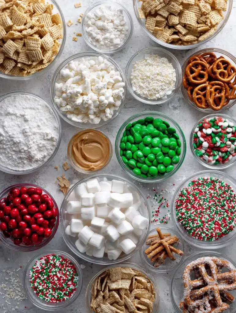 Ingredients for Reindeer Food Puppy Chow arranged in a flat-lay holiday style