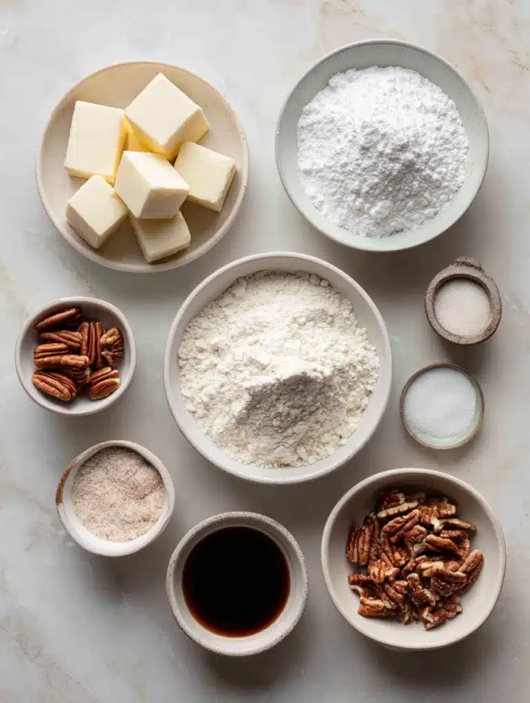 Ingredients for Snowball Cookies including butter, flour, pecans, and powdered sugar
