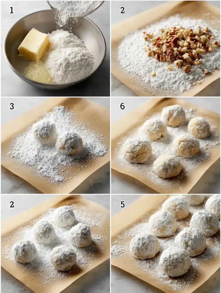Step-by-step process of making Snowball Cookies coated in powdered sugar