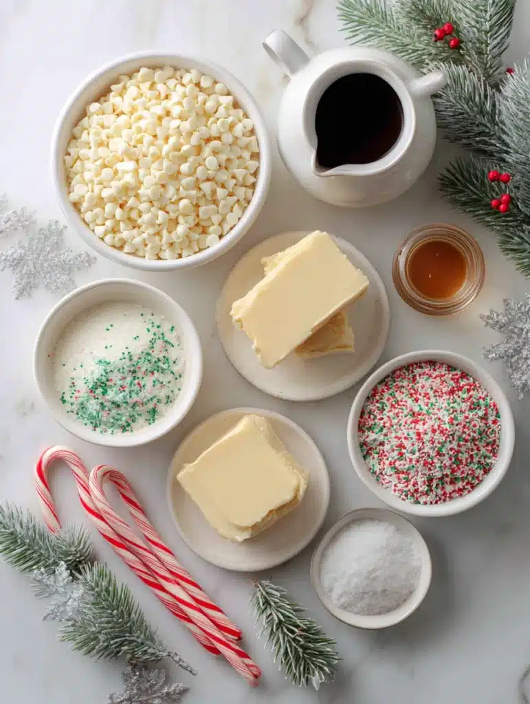Ingredients for Sugar Cookie Fudge with white chocolate, cookie mix, and holiday sprinkles.