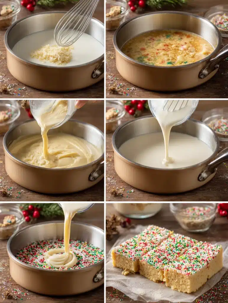 Sugar Cookie Fudge with holiday sprinkles on a white plate with festive background.
