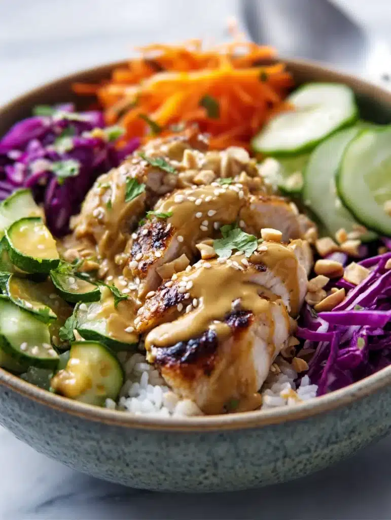 Serving bowl of Thai Peanut Chicken Buddha Bowl topped with creamy peanut sauce, fresh veggies, and herbs — healthy meal prep bowl