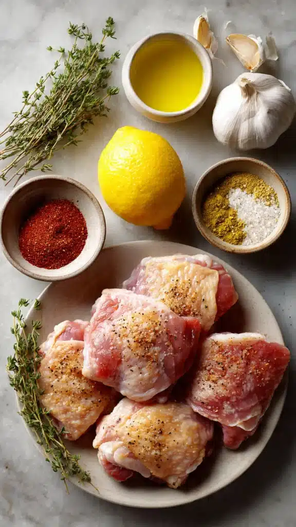 Crispy oven-baked chicken thighs ingredients arranged on counter