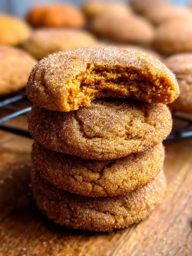 Stack of chewy brown butter pumpkin snickerdoodle cookies with one broken cookie showing soft center