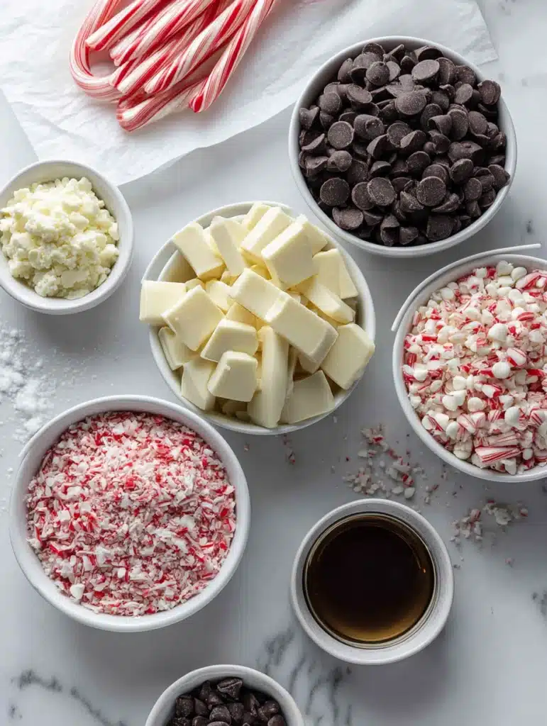 Ingredients for Peppermint Chocolate Bark including chocolates, candy canes, and peppermint extract.