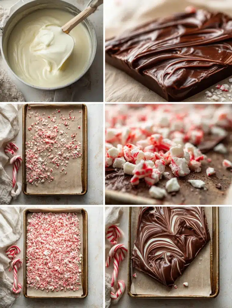 Step-by-step process of making Peppermint Chocolate Bark with candy cane crunch.
